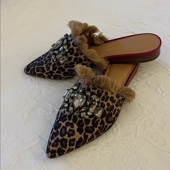 Leopard Print Fur Trimmed Mules with Gem Accents - Picture 2 of 3